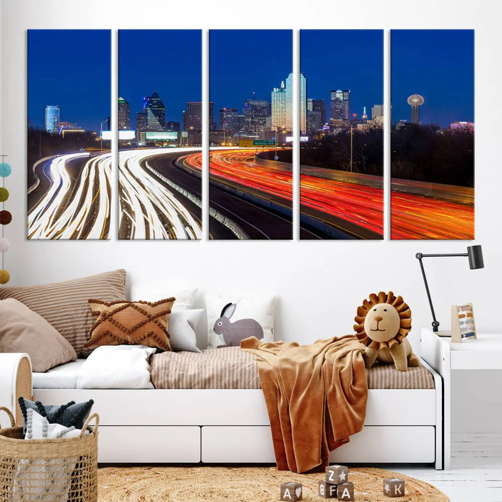 Product Name: Dallas City Street Lights Night Skyline Cityscape View Wall Art Canvas Print

Description: Immerse yourself in the vibrant cityscape of Dallas with this three-panel wall art, showcasing the nighttime skyline and car light trails on a highway. Crafted on museum-quality canvas with an exquisite UV-protective coating, this piece comes ready to hang.