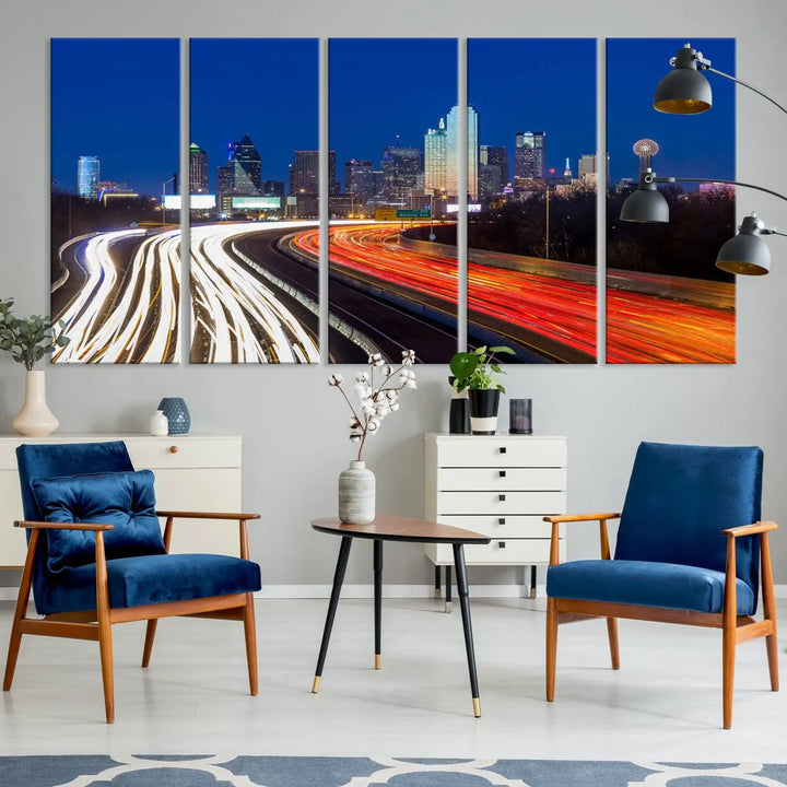 Product Name: Dallas City Street Lights Night Skyline Cityscape View Wall Art Canvas Print

Description: Immerse yourself in the vibrant cityscape of Dallas with this three-panel wall art, showcasing the nighttime skyline and car light trails on a highway. Crafted on museum-quality canvas with an exquisite UV-protective coating, this piece comes ready to hang.