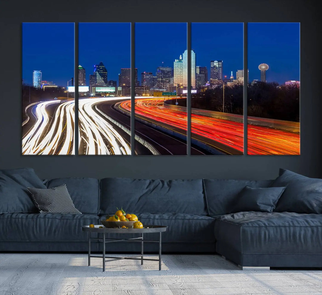 Product Name: Dallas City Street Lights Night Skyline Cityscape View Wall Art Canvas Print

Description: Immerse yourself in the vibrant cityscape of Dallas with this three-panel wall art, showcasing the nighttime skyline and car light trails on a highway. Crafted on museum-quality canvas with an exquisite UV-protective coating, this piece comes ready to hang.