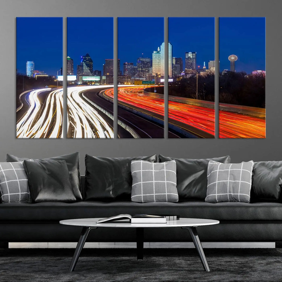 Product Name: Dallas City Street Lights Night Skyline Cityscape View Wall Art Canvas Print

Description: Immerse yourself in the vibrant cityscape of Dallas with this three-panel wall art, showcasing the nighttime skyline and car light trails on a highway. Crafted on museum-quality canvas with an exquisite UV-protective coating, this piece comes ready to hang.