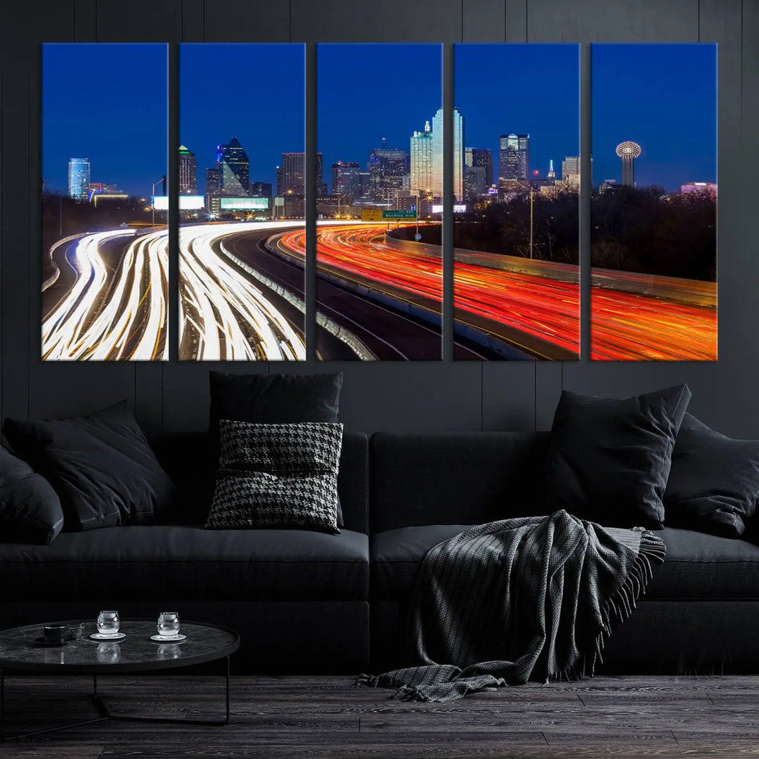 Product Name: Dallas City Street Lights Night Skyline Cityscape View Wall Art Canvas Print

Description: Immerse yourself in the vibrant cityscape of Dallas with this three-panel wall art, showcasing the nighttime skyline and car light trails on a highway. Crafted on museum-quality canvas with an exquisite UV-protective coating, this piece comes ready to hang.