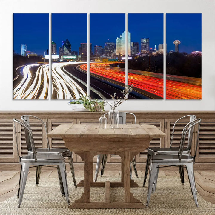 Product Name: Dallas City Street Lights Night Skyline Cityscape View Wall Art Canvas Print

Description: Immerse yourself in the vibrant cityscape of Dallas with this three-panel wall art, showcasing the nighttime skyline and car light trails on a highway. Crafted on museum-quality canvas with an exquisite UV-protective coating, this piece comes ready to hang.