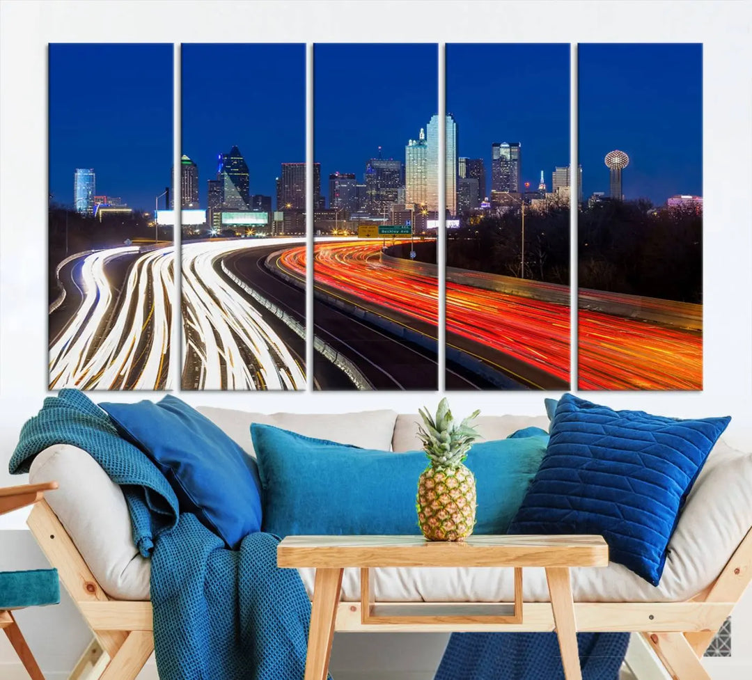 Product Name: Dallas City Street Lights Night Skyline Cityscape View Wall Art Canvas Print

Description: Immerse yourself in the vibrant cityscape of Dallas with this three-panel wall art, showcasing the nighttime skyline and car light trails on a highway. Crafted on museum-quality canvas with an exquisite UV-protective coating, this piece comes ready to hang.