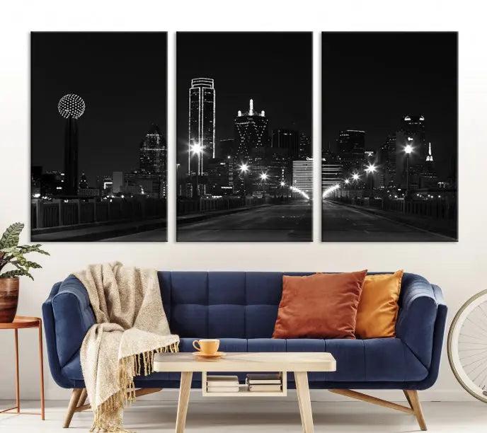 The "Dallas City Street Lights Skyline Black and White Wall Art Cityscape Canvas Print," featuring a city skyline at night on museum-quality canvas with UV-protective coating, is displayed.