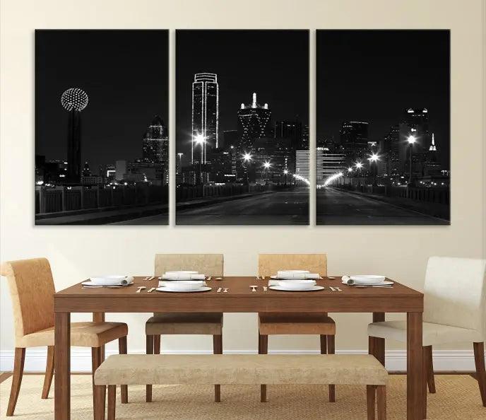 The "Dallas City Street Lights Skyline Black and White Wall Art Cityscape Canvas Print," featuring a city skyline at night on museum-quality canvas with UV-protective coating, is displayed.