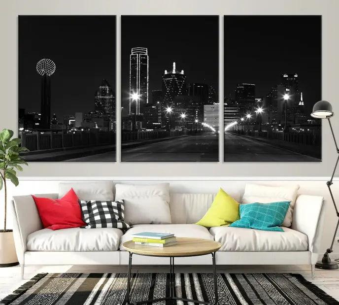 The "Dallas City Street Lights Skyline Black and White Wall Art Cityscape Canvas Print," featuring a city skyline at night on museum-quality canvas with UV-protective coating, is displayed.