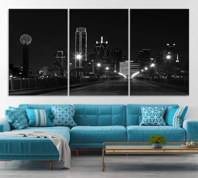 The "Dallas City Street Lights Skyline Black and White Wall Art Cityscape Canvas Print," featuring a city skyline at night on museum-quality canvas with UV-protective coating, is displayed.