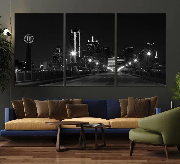 The "Dallas City Street Lights Skyline Black and White Wall Art Cityscape Canvas Print," featuring a city skyline at night on museum-quality canvas with UV-protective coating, is displayed.