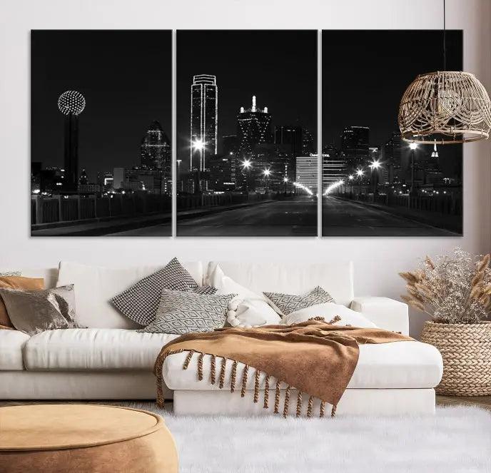 The "Dallas City Street Lights Skyline Black and White Wall Art Cityscape Canvas Print," featuring a city skyline at night on museum-quality canvas with UV-protective coating, is displayed.