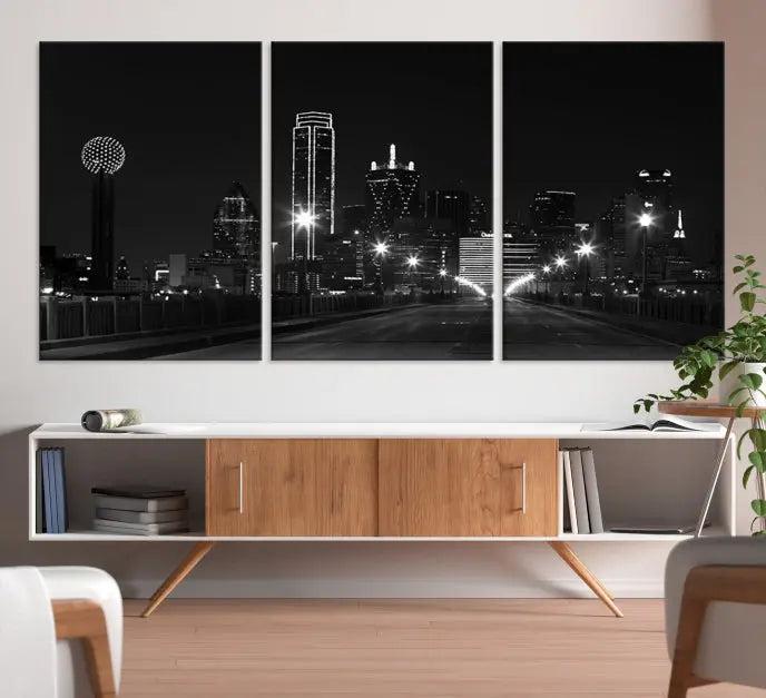 The "Dallas City Street Lights Skyline Black and White Wall Art Cityscape Canvas Print," featuring a city skyline at night on museum-quality canvas with UV-protective coating, is displayed.