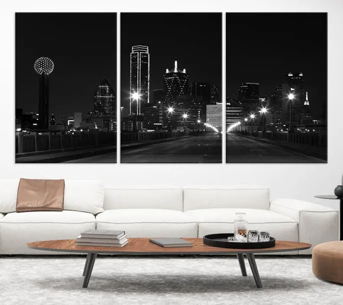 The "Dallas City Street Lights Skyline Black and White Wall Art Cityscape Canvas Print," featuring a city skyline at night on museum-quality canvas with UV-protective coating, is displayed.