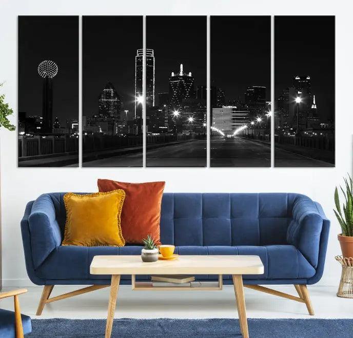 The "Dallas City Street Lights Skyline Black and White Wall Art Cityscape Canvas Print," featuring a city skyline at night on museum-quality canvas with UV-protective coating, is displayed.