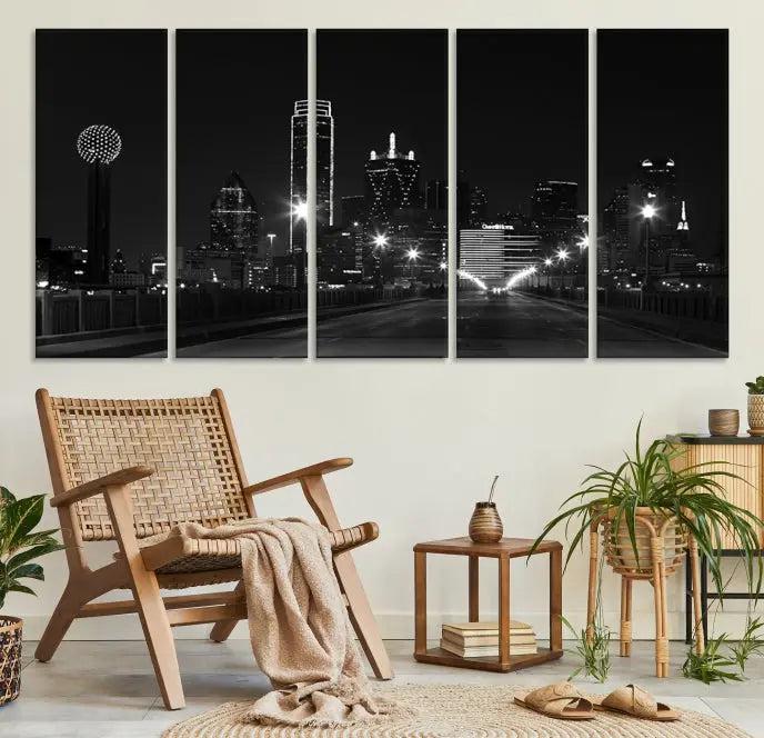 The "Dallas City Street Lights Skyline Black and White Wall Art Cityscape Canvas Print," featuring a city skyline at night on museum-quality canvas with UV-protective coating, is displayed.