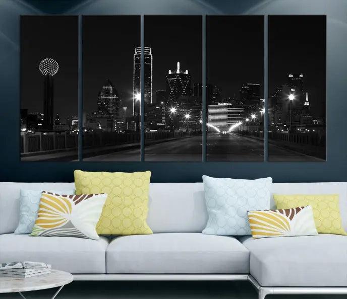 The "Dallas City Street Lights Skyline Black and White Wall Art Cityscape Canvas Print," featuring a city skyline at night on museum-quality canvas with UV-protective coating, is displayed.