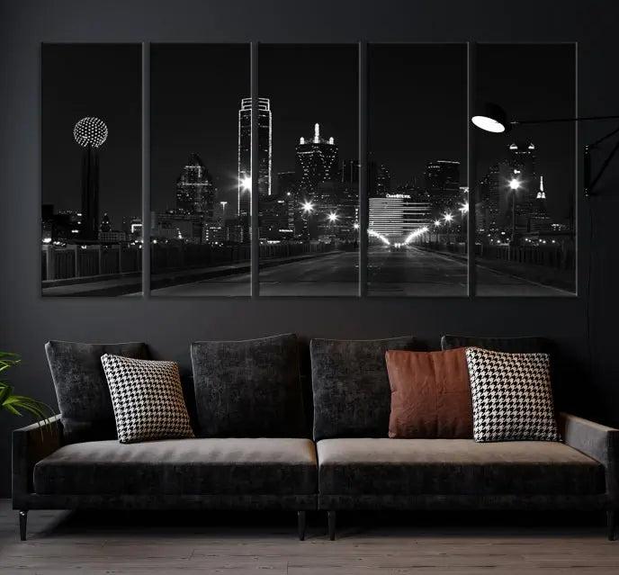 The "Dallas City Street Lights Skyline Black and White Wall Art Cityscape Canvas Print," featuring a city skyline at night on museum-quality canvas with UV-protective coating, is displayed.