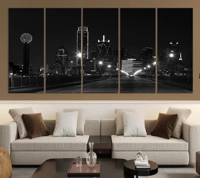 The "Dallas City Street Lights Skyline Black and White Wall Art Cityscape Canvas Print," featuring a city skyline at night on museum-quality canvas with UV-protective coating, is displayed.