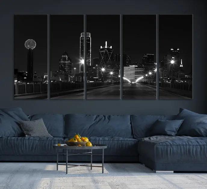 The "Dallas City Street Lights Skyline Black and White Wall Art Cityscape Canvas Print," featuring a city skyline at night on museum-quality canvas with UV-protective coating, is displayed.