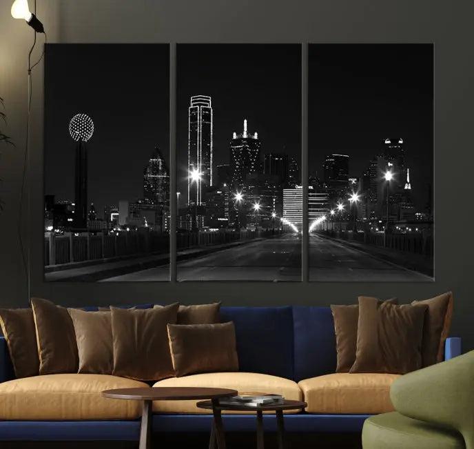 The "Dallas City Street Lights Skyline Black and White Wall Art Cityscape Canvas Print" features a sophisticated black and white city skyline at night on museum-quality canvas with a UV-protective coating.