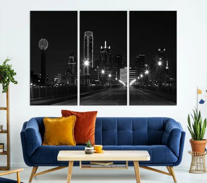 The "Dallas City Street Lights Skyline Black and White Wall Art Cityscape Canvas Print" features a sophisticated black and white city skyline at night on museum-quality canvas with a UV-protective coating.