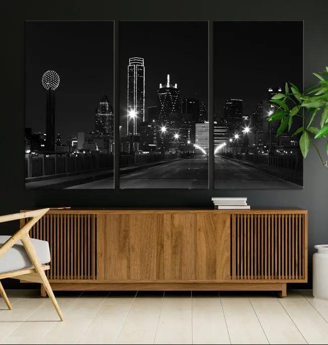 The "Dallas City Street Lights Skyline Black and White Wall Art Cityscape Canvas Print" features a sophisticated black and white city skyline at night on museum-quality canvas with a UV-protective coating.