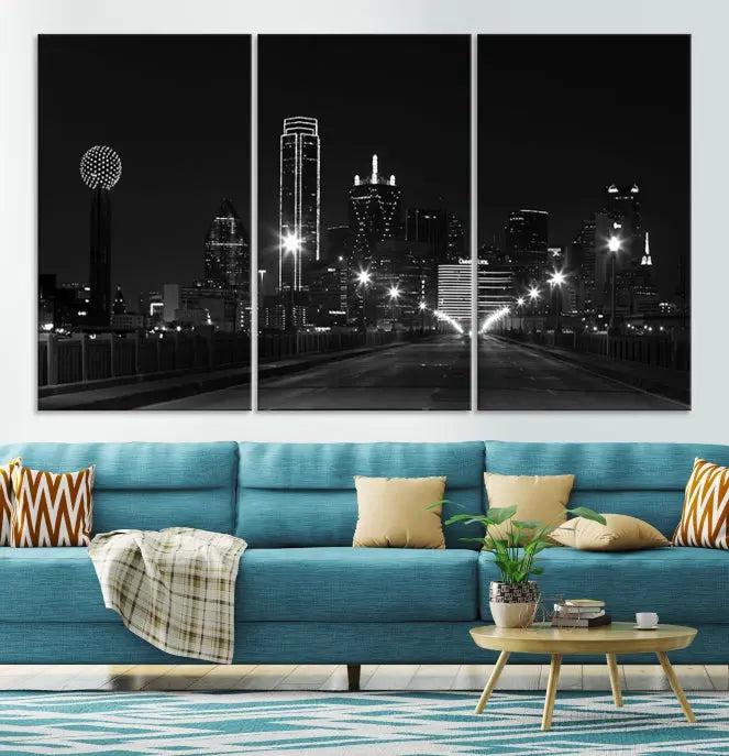 The "Dallas City Street Lights Skyline Black and White Wall Art Cityscape Canvas Print" features a sophisticated black and white city skyline at night on museum-quality canvas with a UV-protective coating.