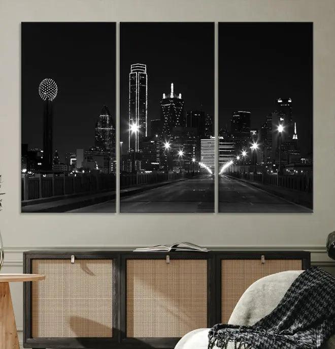 The "Dallas City Street Lights Skyline Black and White Wall Art Cityscape Canvas Print" features a sophisticated black and white city skyline at night on museum-quality canvas with a UV-protective coating.