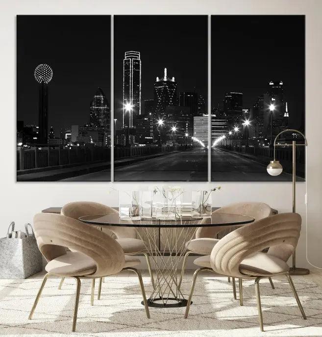 The "Dallas City Street Lights Skyline Black and White Wall Art Cityscape Canvas Print" features a sophisticated black and white city skyline at night on museum-quality canvas with a UV-protective coating.