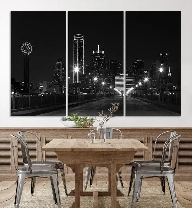 The "Dallas City Street Lights Skyline Black and White Wall Art Cityscape Canvas Print" features a sophisticated black and white city skyline at night on museum-quality canvas with a UV-protective coating.