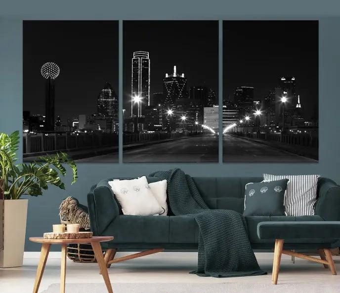 The "Dallas City Street Lights Skyline Black and White Wall Art Cityscape Canvas Print" features a sophisticated black and white city skyline at night on museum-quality canvas with a UV-protective coating.