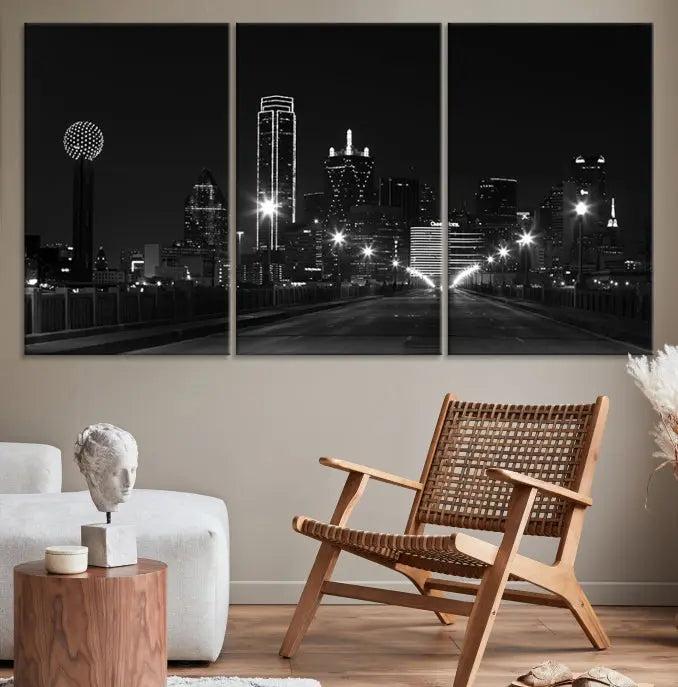 The "Dallas City Street Lights Skyline Black and White Wall Art Cityscape Canvas Print" features a sophisticated black and white city skyline at night on museum-quality canvas with a UV-protective coating.