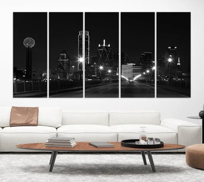 The "Dallas City Street Lights Skyline Black and White Wall Art Cityscape Canvas Print" features a sophisticated black and white city skyline at night on museum-quality canvas with a UV-protective coating.