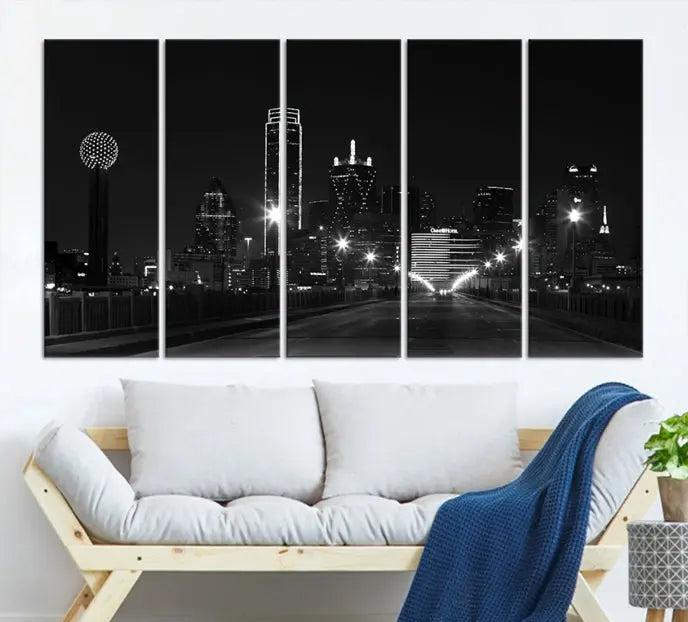 The "Dallas City Street Lights Skyline Black and White Wall Art Cityscape Canvas Print" features a sophisticated black and white city skyline at night on museum-quality canvas with a UV-protective coating.