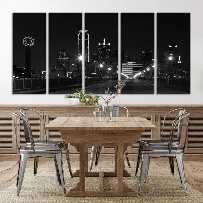 The "Dallas City Street Lights Skyline Black and White Wall Art Cityscape Canvas Print" features a sophisticated black and white city skyline at night on museum-quality canvas with a UV-protective coating.