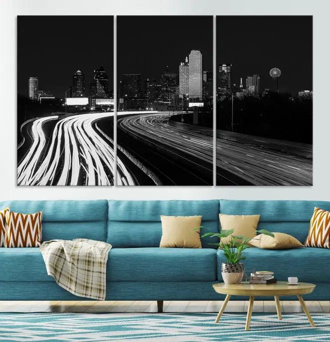 The "Dallas City Street Lights Skyline Black and White Wall Art Cityscape Canvas Print" features a triptych photo of a city skyline with light trails from cars on a highway. The images are gallery wrapped on museum-quality canvas, ensuring an elegant presentation and durability.