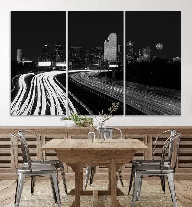 The "Dallas City Street Lights Skyline Black and White Wall Art Cityscape Canvas Print" features a triptych photo of a city skyline with light trails from cars on a highway. The images are gallery wrapped on museum-quality canvas, ensuring an elegant presentation and durability.