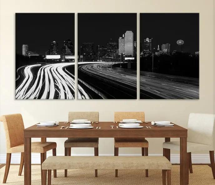 The "Dallas City Street Lights Skyline Black and White Wall Art Cityscape Canvas Print" features a triptych photo of a city skyline with light trails from cars on a highway. The images are gallery wrapped on museum-quality canvas, ensuring an elegant presentation and durability.