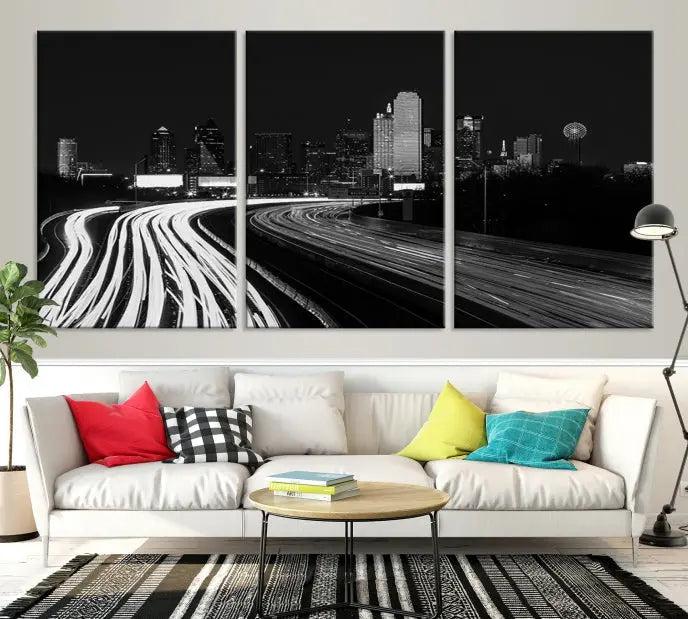 The "Dallas City Street Lights Skyline Black and White Wall Art Cityscape Canvas Print" features a triptych photo of a city skyline with light trails from cars on a highway. The images are gallery wrapped on museum-quality canvas, ensuring an elegant presentation and durability.