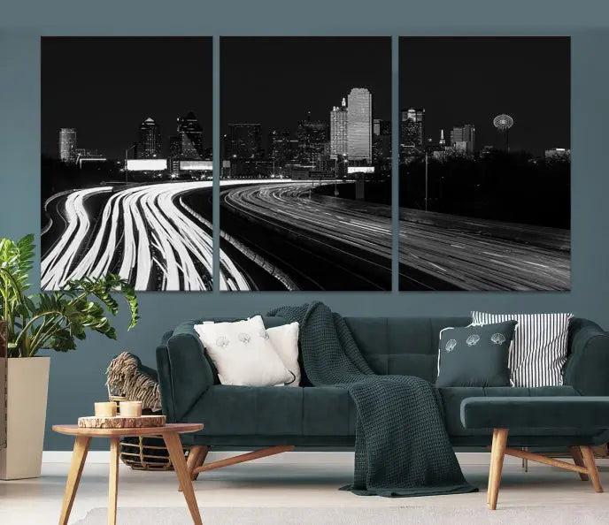 The "Dallas City Street Lights Skyline Black and White Wall Art Cityscape Canvas Print" features a triptych photo of a city skyline with light trails from cars on a highway. The images are gallery wrapped on museum-quality canvas, ensuring an elegant presentation and durability.