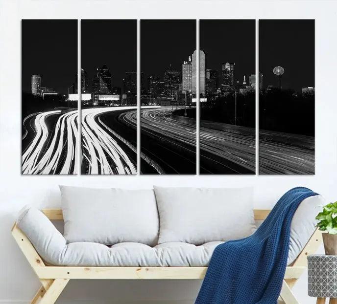 The "Dallas City Street Lights Skyline Black and White Wall Art Cityscape Canvas Print" features a triptych photo of a city skyline with light trails from cars on a highway. The images are gallery wrapped on museum-quality canvas, ensuring an elegant presentation and durability.