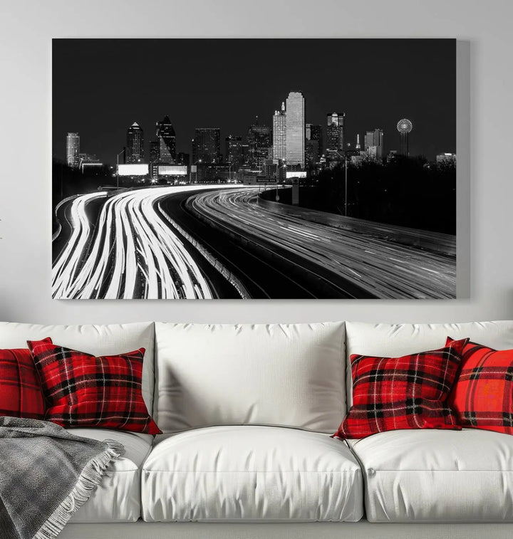 The Dallas City Street Lights Skyline Black and White Wall Art Cityscape Canvas Print features a triptych of a city skyline with light trails. Crafted on museum-quality canvas with a UV-protective coating, this ready-to-hang artwork enhances any contemporary space with its striking urban aesthetic.