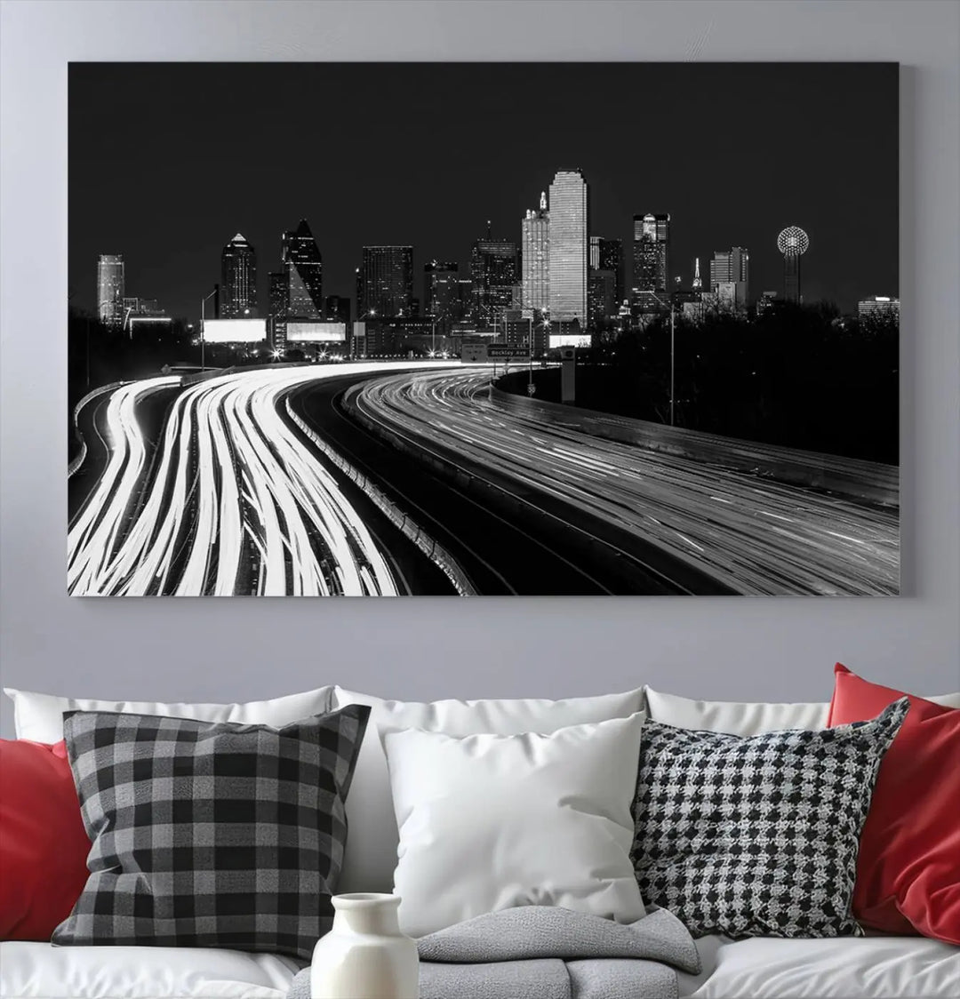 The Dallas City Street Lights Skyline Black and White Wall Art Cityscape Canvas Print features a triptych of a city skyline with light trails. Crafted on museum-quality canvas with a UV-protective coating, this ready-to-hang artwork enhances any contemporary space with its striking urban aesthetic.