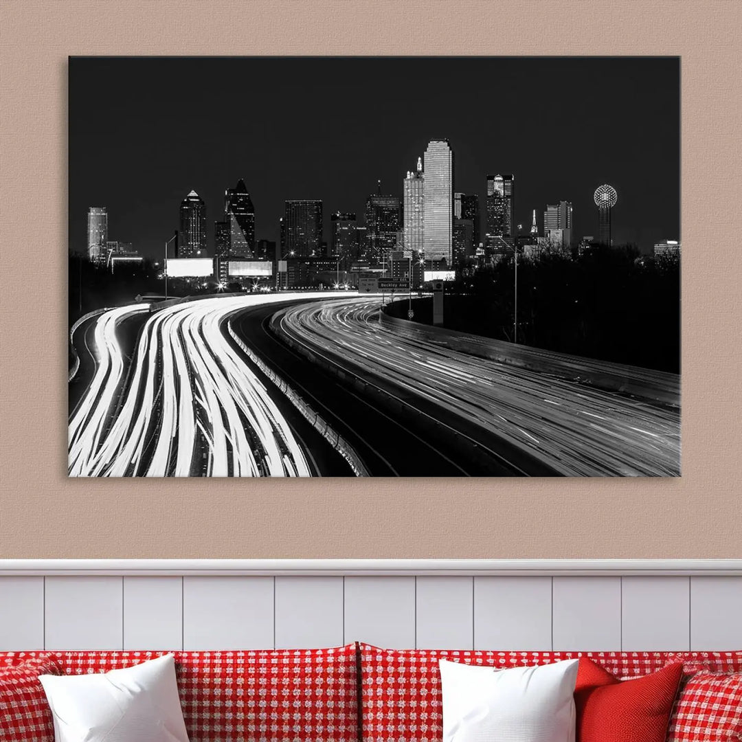 The Dallas City Street Lights Skyline Black and White Wall Art Cityscape Canvas Print features a triptych of a city skyline with light trails. Crafted on museum-quality canvas with a UV-protective coating, this ready-to-hang artwork enhances any contemporary space with its striking urban aesthetic.