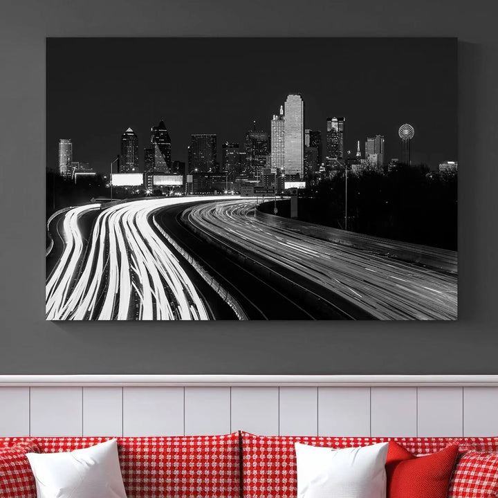 The Dallas City Street Lights Skyline Black and White Wall Art Cityscape Canvas Print features a triptych of a city skyline with light trails. Crafted on museum-quality canvas with a UV-protective coating, this ready-to-hang artwork enhances any contemporary space with its striking urban aesthetic.