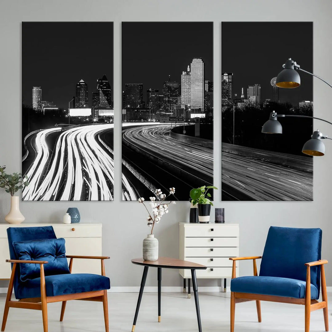 The Dallas City Street Lights Skyline Black and White Wall Art Cityscape Canvas Print features a triptych of a city skyline with light trails. Crafted on museum-quality canvas with a UV-protective coating, this ready-to-hang artwork enhances any contemporary space with its striking urban aesthetic.