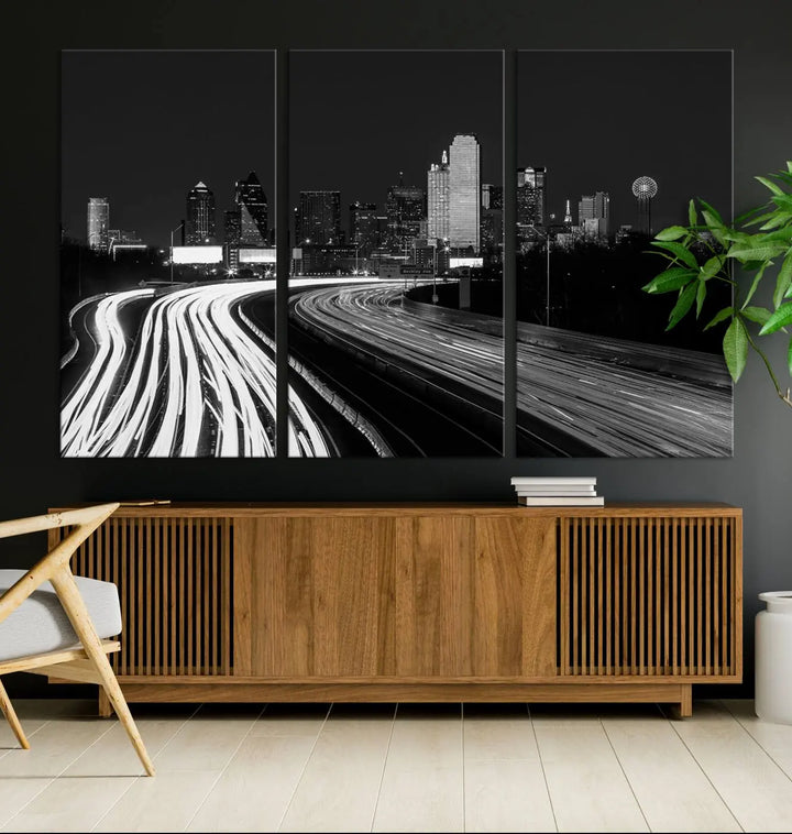 The Dallas City Street Lights Skyline Black and White Wall Art Cityscape Canvas Print features a triptych of a city skyline with light trails. Crafted on museum-quality canvas with a UV-protective coating, this ready-to-hang artwork enhances any contemporary space with its striking urban aesthetic.