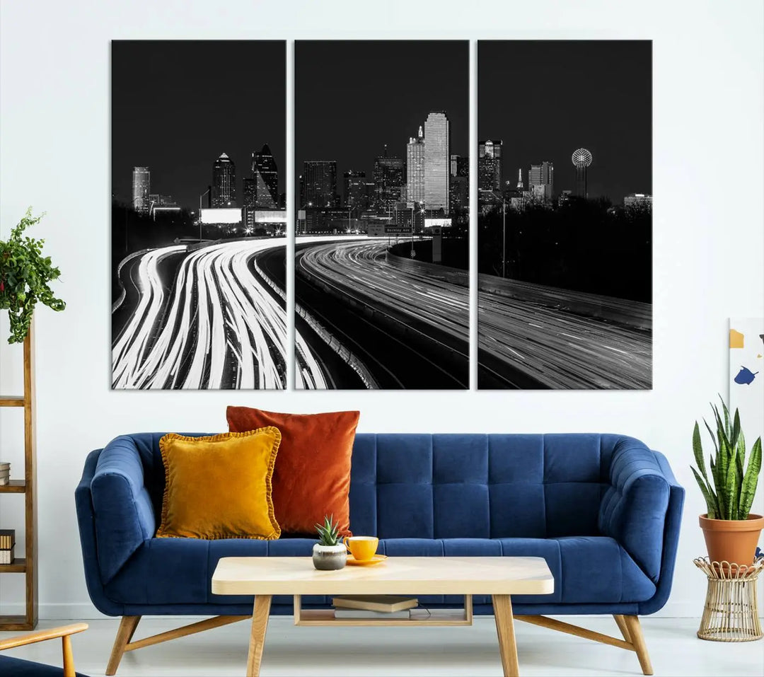 The Dallas City Street Lights Skyline Black and White Wall Art Cityscape Canvas Print features a triptych of a city skyline with light trails. Crafted on museum-quality canvas with a UV-protective coating, this ready-to-hang artwork enhances any contemporary space with its striking urban aesthetic.