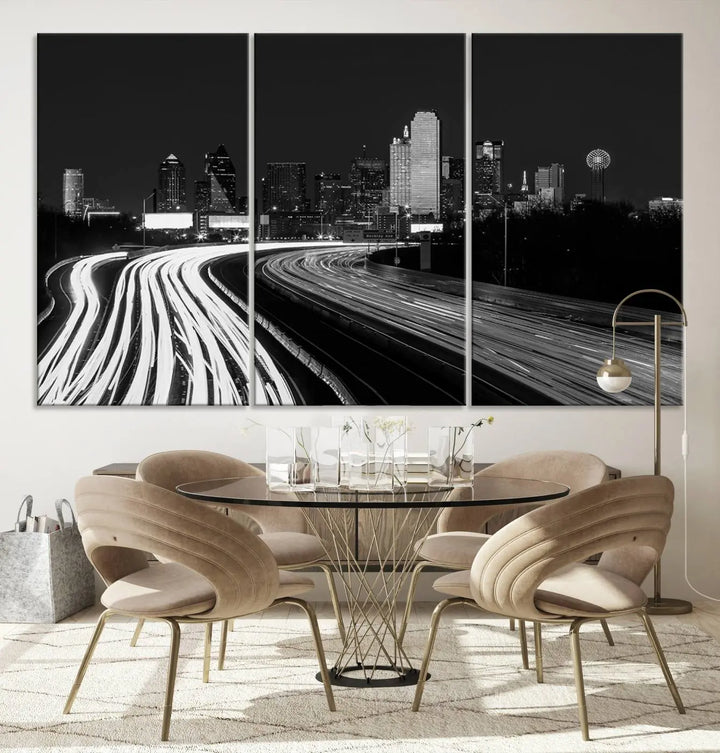 The Dallas City Street Lights Skyline Black and White Wall Art Cityscape Canvas Print features a triptych of a city skyline with light trails. Crafted on museum-quality canvas with a UV-protective coating, this ready-to-hang artwork enhances any contemporary space with its striking urban aesthetic.