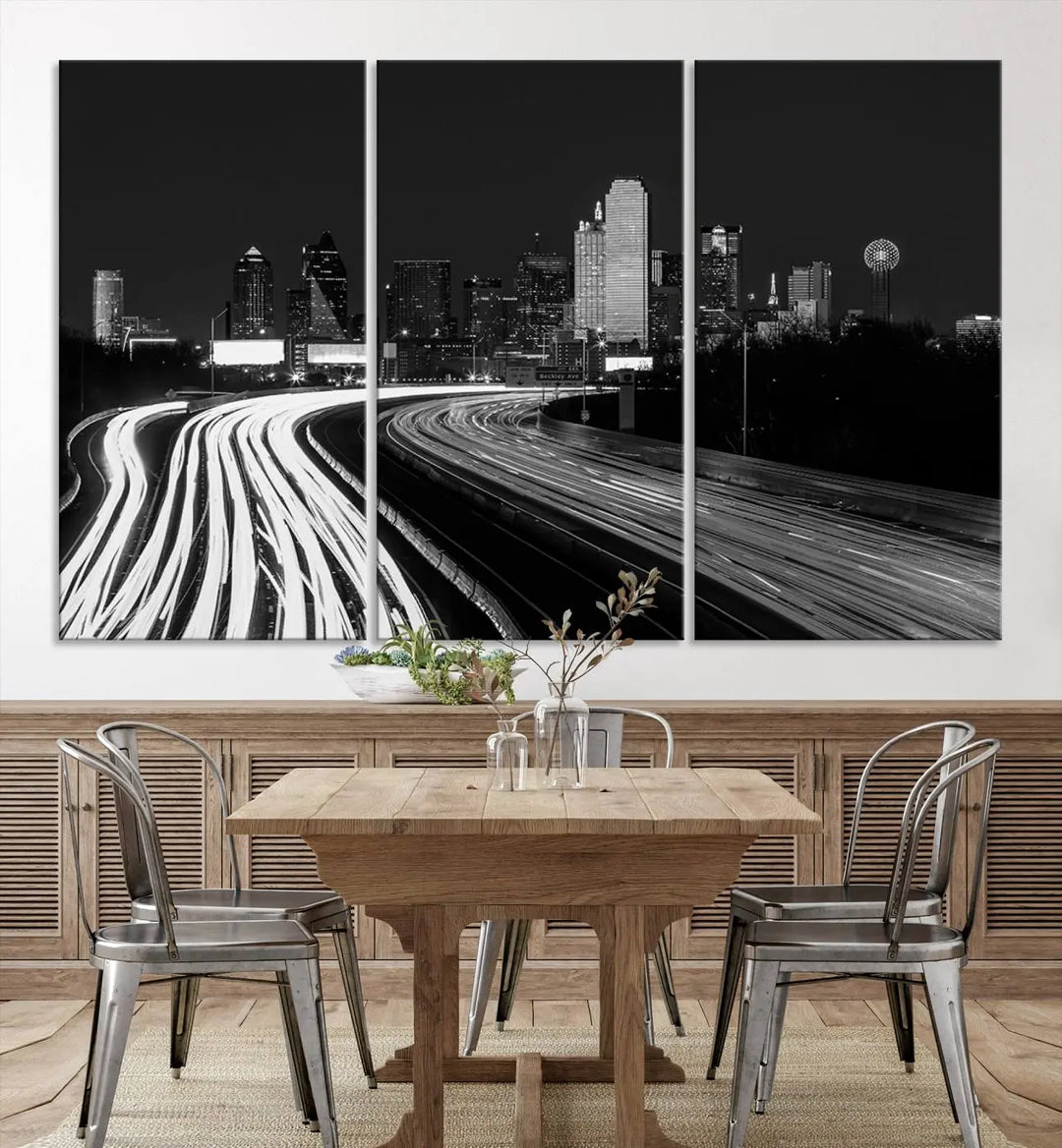 The Dallas City Street Lights Skyline Black and White Wall Art Cityscape Canvas Print features a triptych of a city skyline with light trails. Crafted on museum-quality canvas with a UV-protective coating, this ready-to-hang artwork enhances any contemporary space with its striking urban aesthetic.