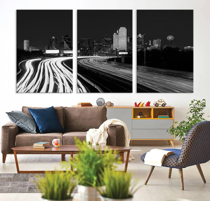 The Dallas City Street Lights Skyline Black and White Wall Art Cityscape Canvas Print features a triptych of a city skyline with light trails. Crafted on museum-quality canvas with a UV-protective coating, this ready-to-hang artwork enhances any contemporary space with its striking urban aesthetic.