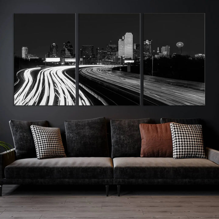 The Dallas City Street Lights Skyline Black and White Wall Art Cityscape Canvas Print features a triptych of a city skyline with light trails. Crafted on museum-quality canvas with a UV-protective coating, this ready-to-hang artwork enhances any contemporary space with its striking urban aesthetic.